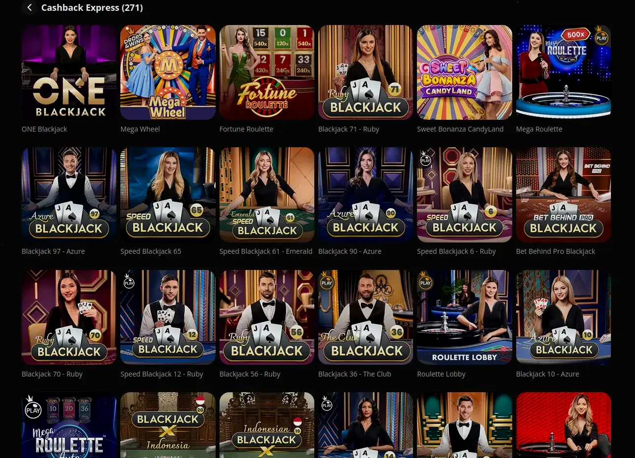 Interfaccia di gioco Unique Casino con slot e live casino